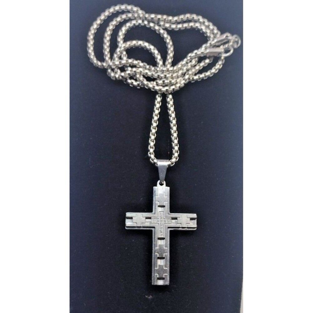 Stainless Steel Cross Necklace Pendant Cubic Zirconia Box Chain Religious 24"